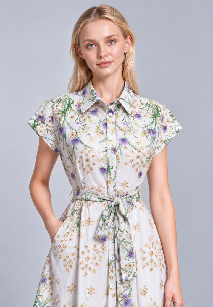 Camellia Cotton Eyelet Floral Prints Button Down A-line Collared Dress (Green)