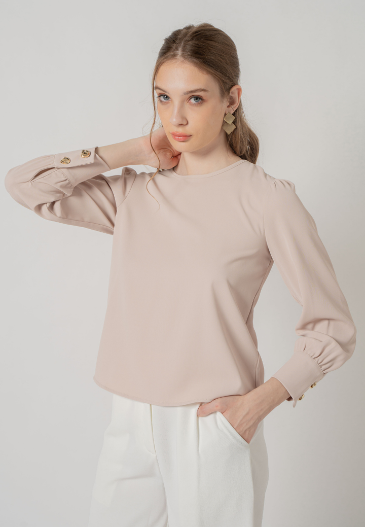 Venna Long Sleeve Round Neck Top (Beige)