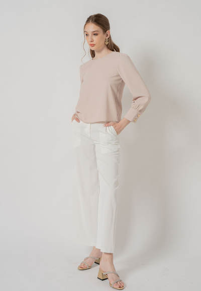 Venna Long Sleeve Round Neck Top (Beige)