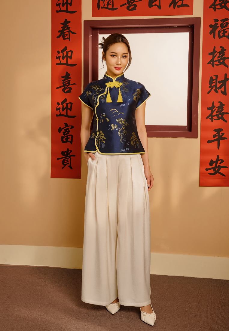 Jin Yan Satin Wide-Leg Trouser Pants (White)