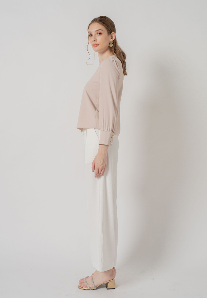 Venna Long Sleeve Round Neck Top (Beige)