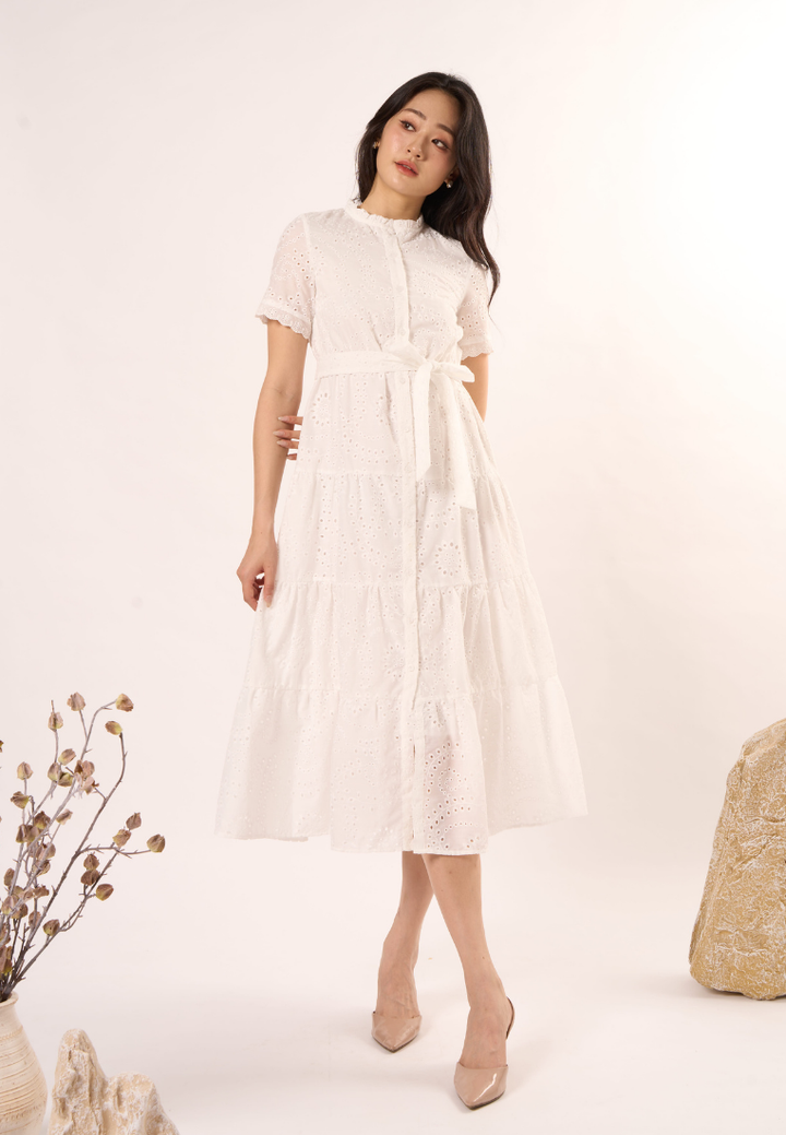 Elara Midi Eyelet Dress (White)
