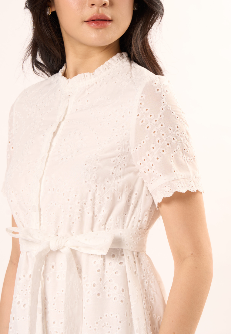 Elara Midi Eyelet Dress (White)