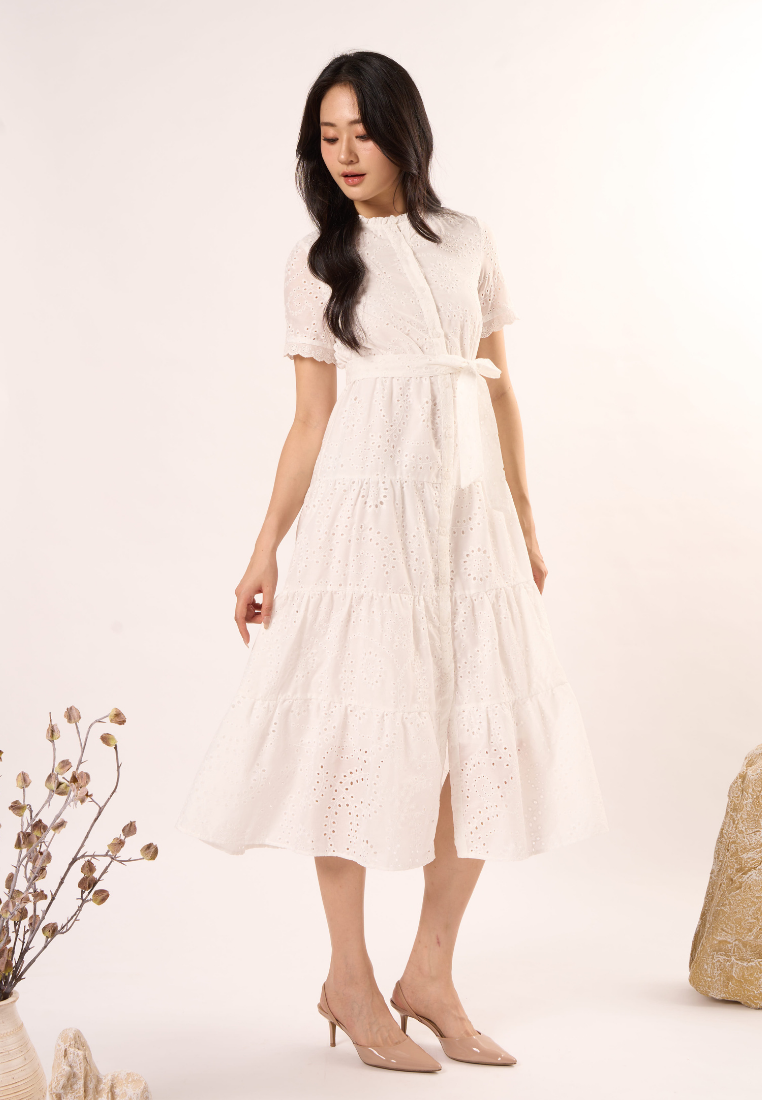 Elara Midi Eyelet Dress (White)