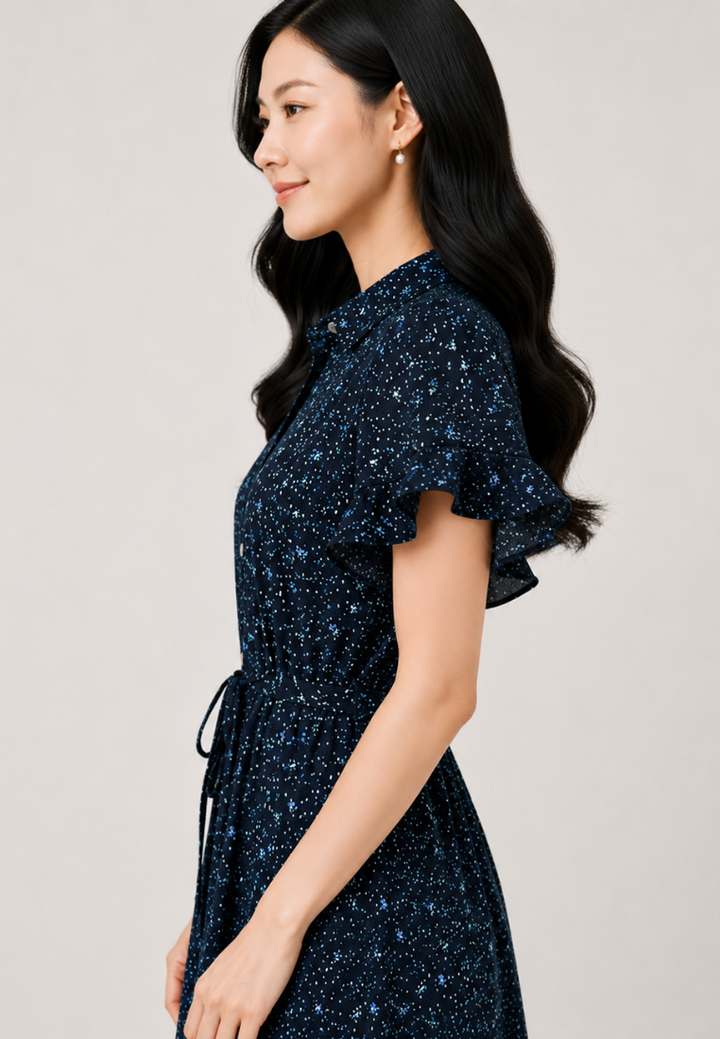 Linnea Floral Ruffle Sleeve With Tie Waist Midi Dress (Navy)