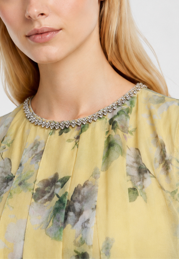 Sofia Beaded Neckline Pleated Floral Top (Yellow)