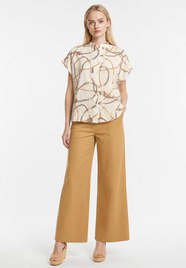 Constance Bridle Print Button Down Blouse Top (Beige)