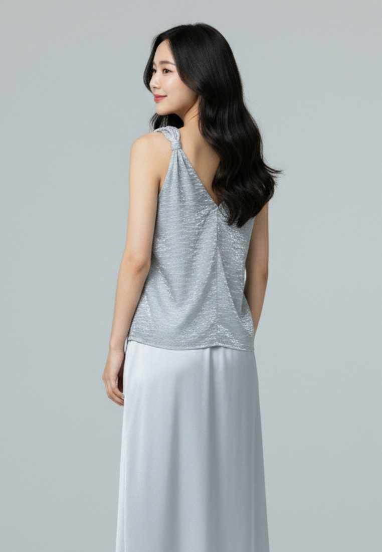Lumi Satin Twisted Knot Sleeveless Blouse Top (Blue)