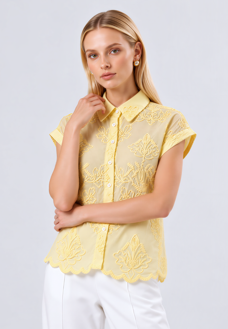 Phoebe Cotton Embroidered Scalloped Hem Button Down Shirt (Yellow)