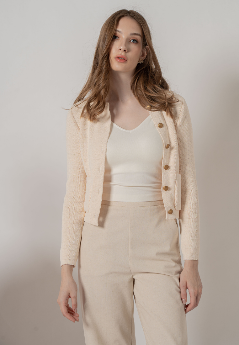 Noemi Gold Buttons Embelished Knitted Cardigan (Cream White)