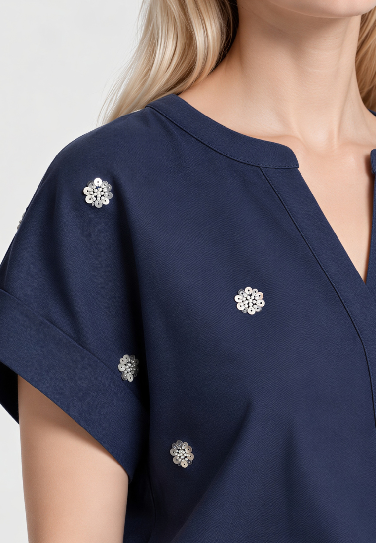 Emma Sequin Embellished V-Neck Cap Sleeve Top (Navy Blue)