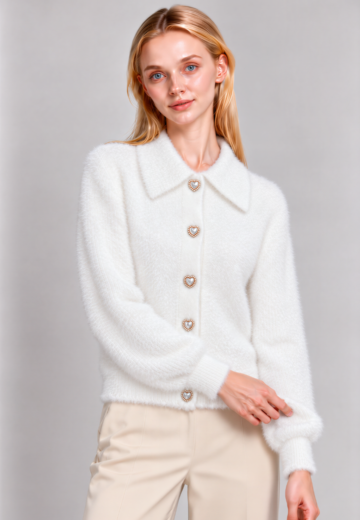 Delilah Fuzzy Cardigan With Heart Pearl Buttons (White)