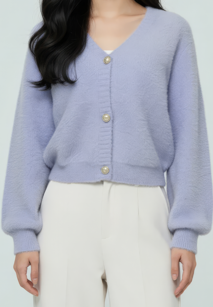 Delora Fuzzy Cardigan With Heart Pearl Buttons (Purple)