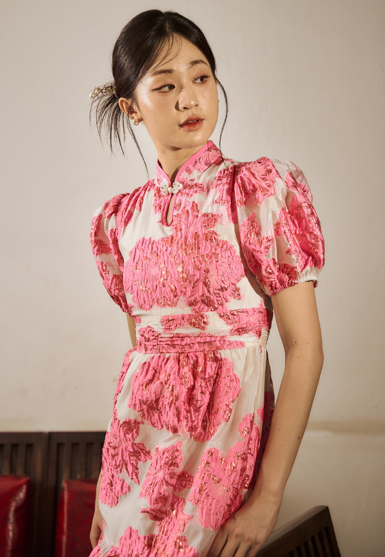 Mei Feng 美凤 Floral Puffed Sleeves Organza Cheongsam (Pink)