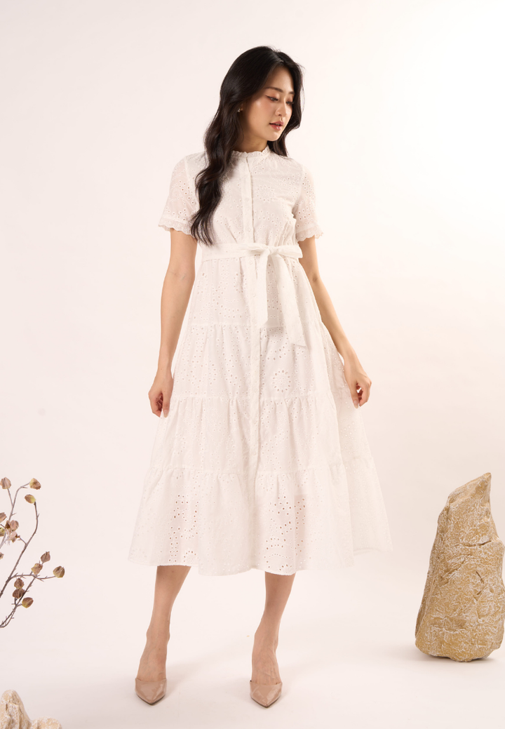 Elara Midi Eyelet Dress (White)