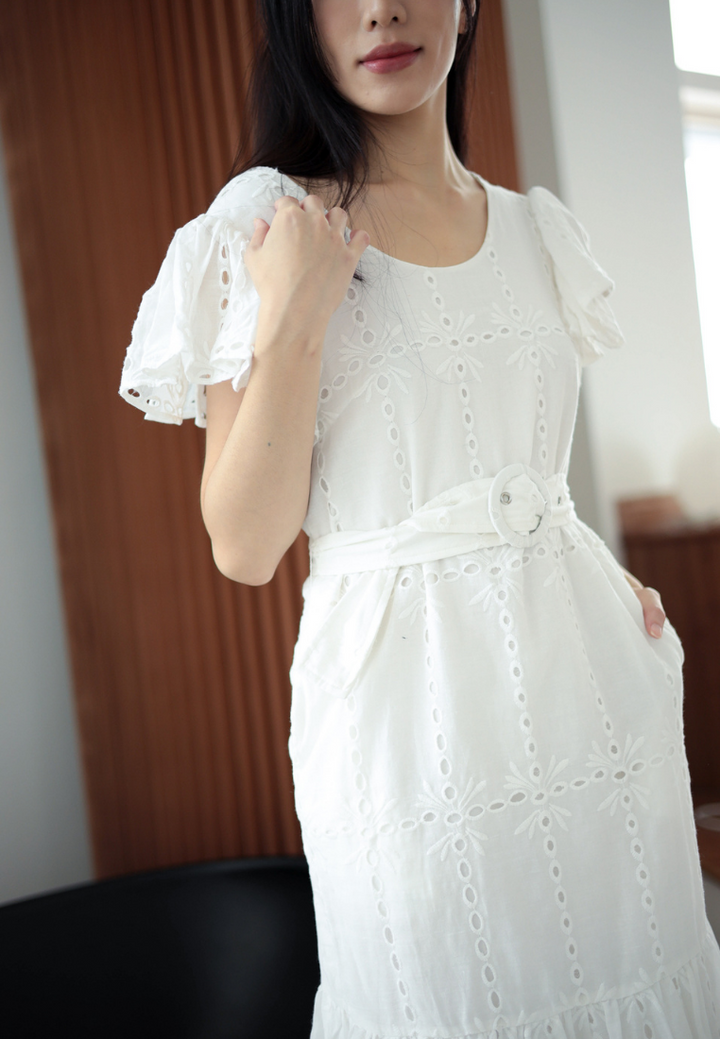 Brigida Ruffles Eyelet Dress With Buckle Belt (White)