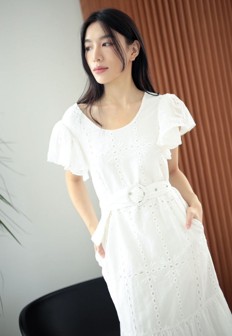 Brigida Ruffles Eyelet Dress With Buckle Belt (White)