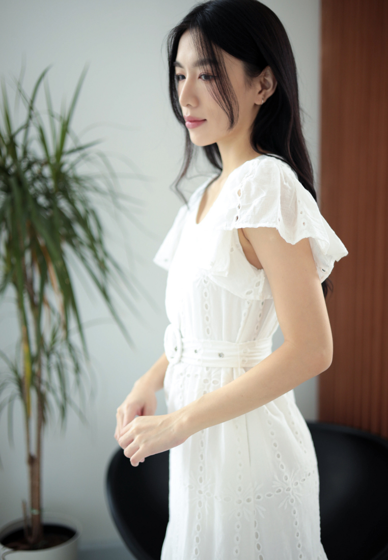 Brigida Ruffles Eyelet Dress With Buckle Belt (White)