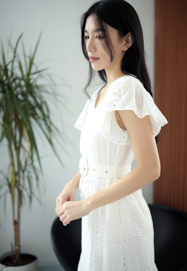 Brigida Ruffles Eyelet Dress With Buckle Belt (White)