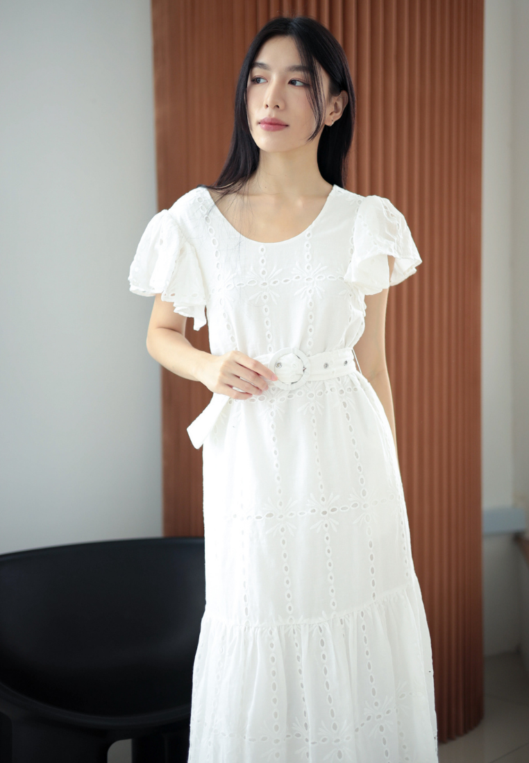 Brigida Ruffles Eyelet Dress With Buckle Belt (White)