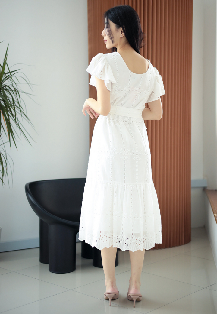 Brigida Ruffles Eyelet Dress With Buckle Belt (White)