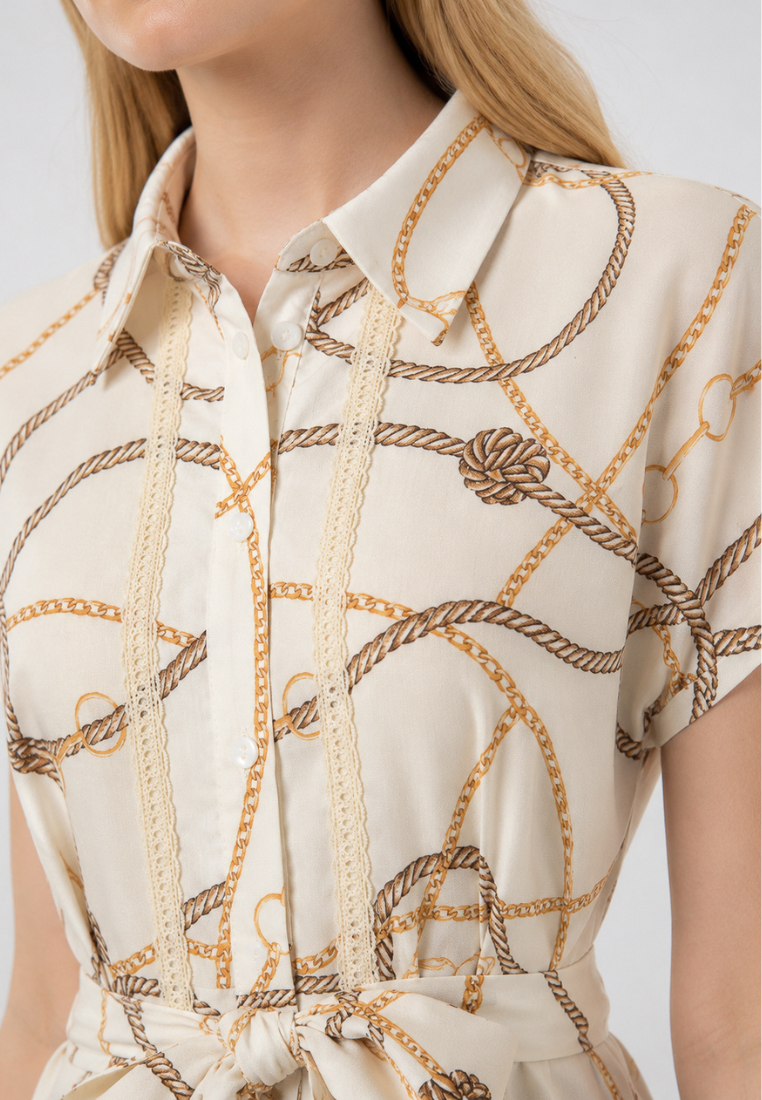 Evelyne Bridle Print Tie Waist Button Down Midi Dress (Beige)