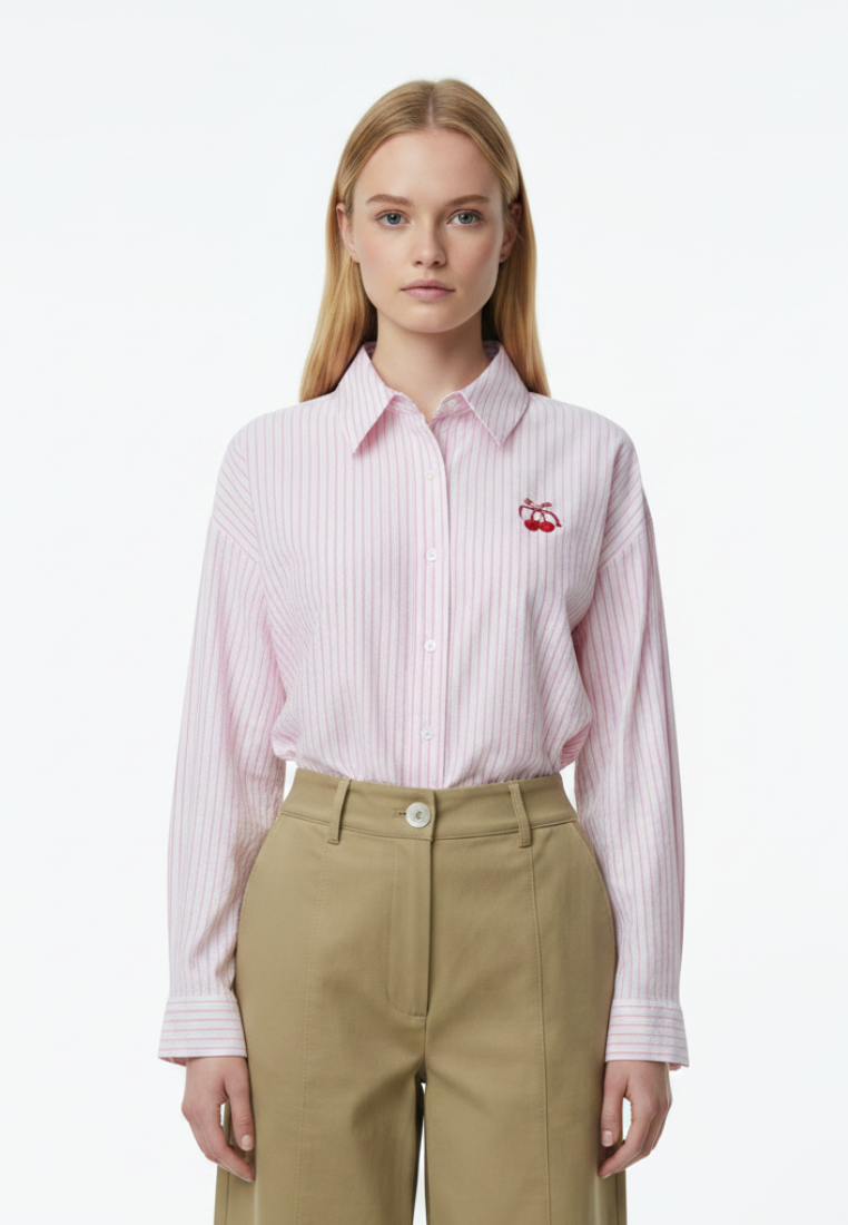 Catherine Striped Cherry Ribbon Shirt (Pink)