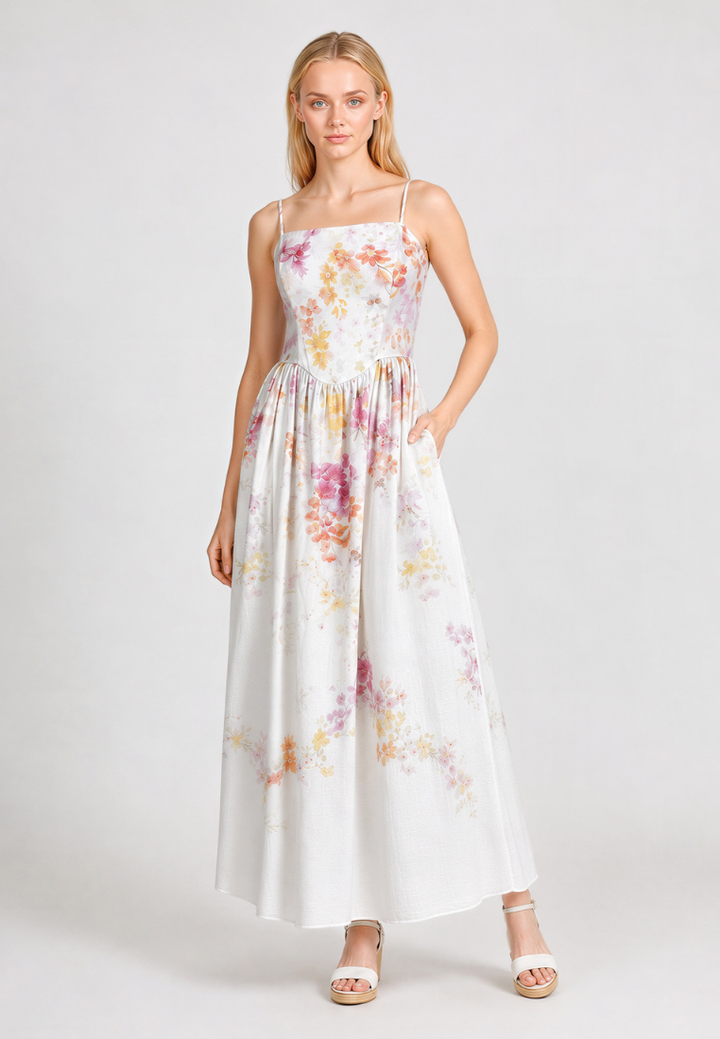 Woman wearing Love Knot Aurora floral maxi dress with hand in side pocket