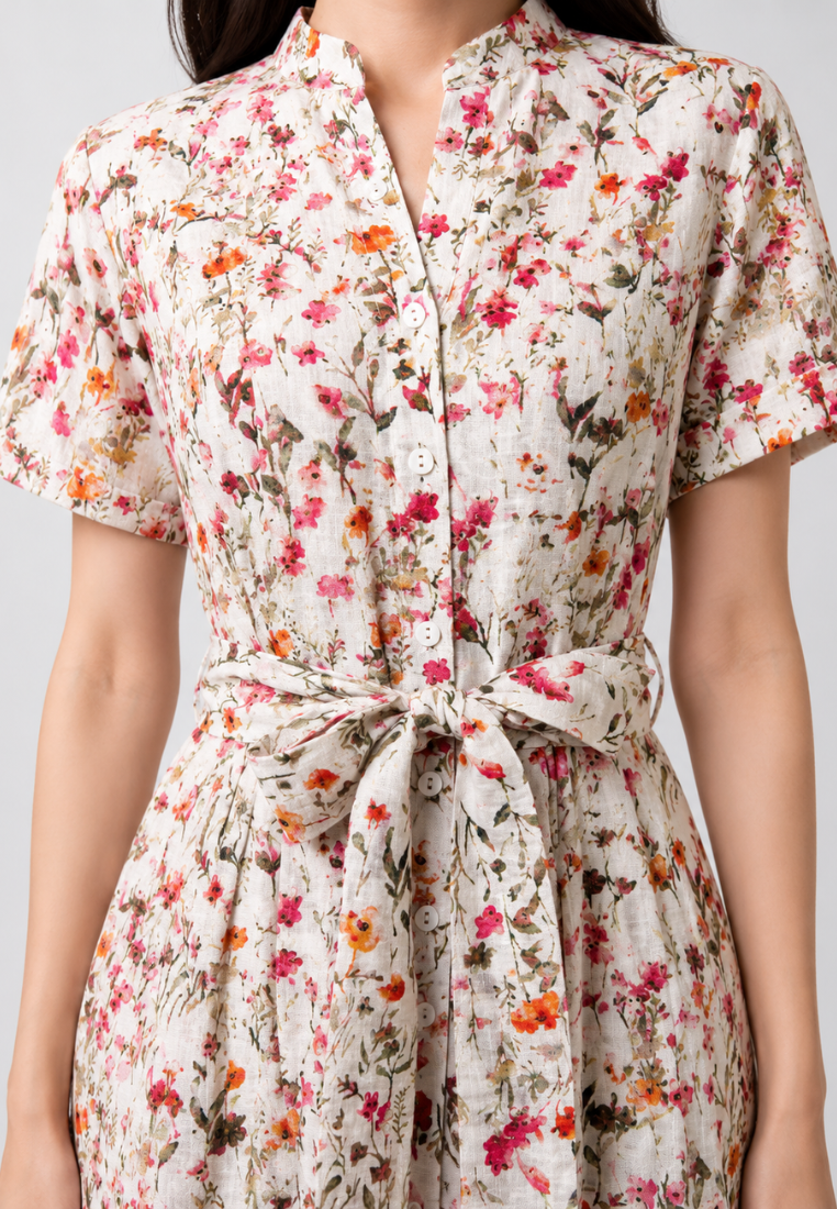 Marguerite Floral Mandarin Collar With Tie Waist Midi Dress (Beige)
