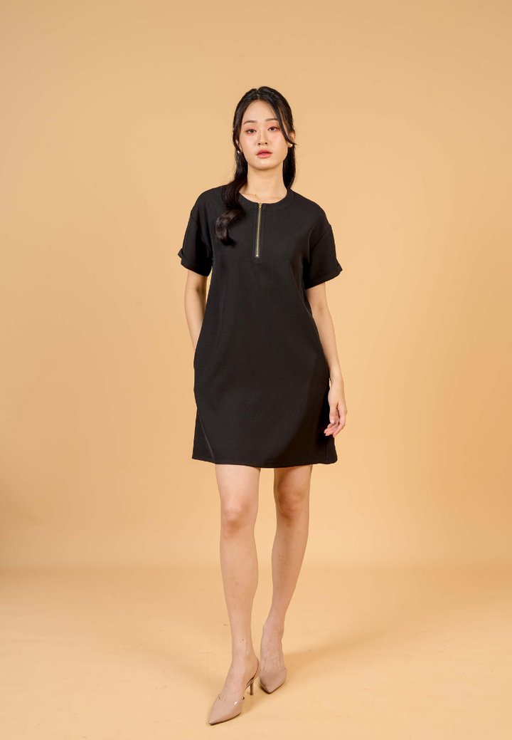 Rylee A-Line With Gold Zipper Dress(Black)