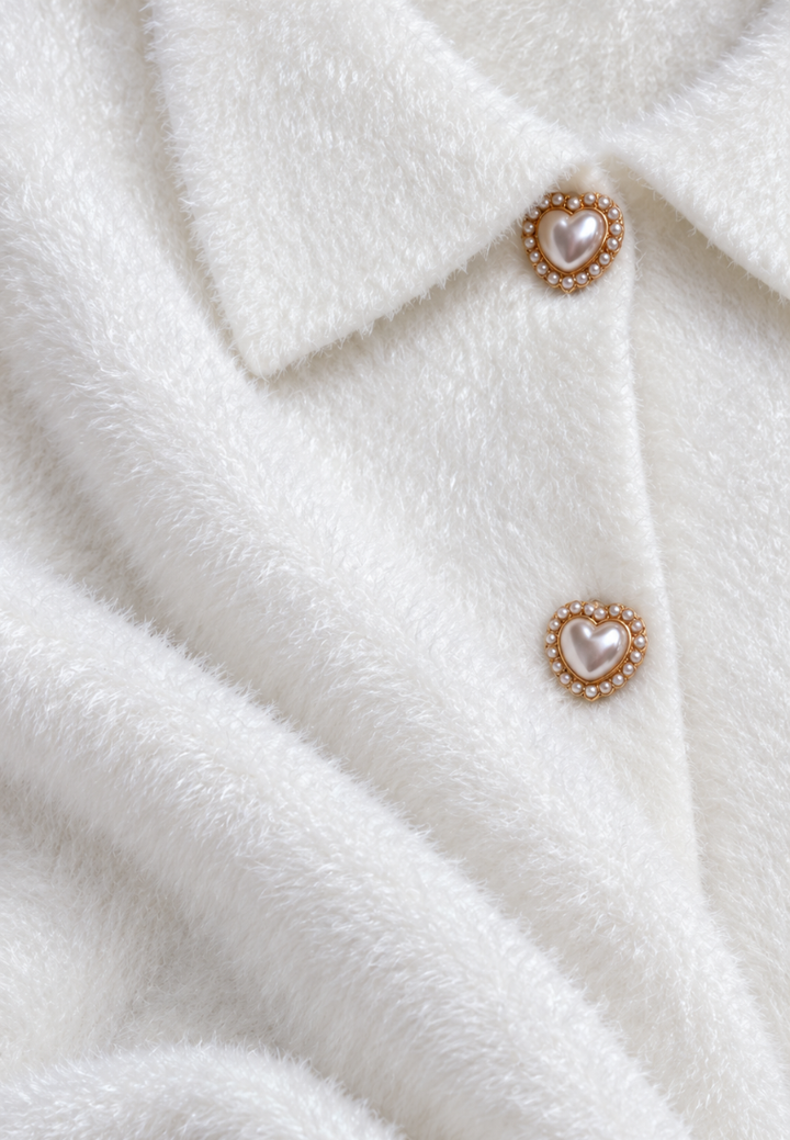Delilah Fuzzy Cardigan With Heart Pearl Buttons (White)