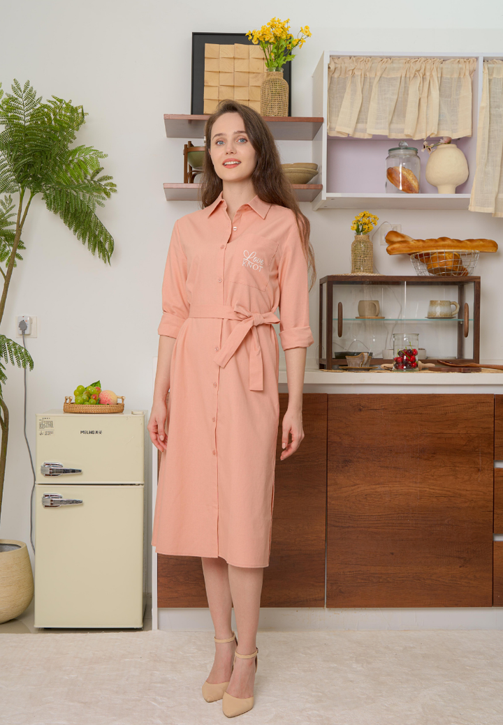 Aroha Long Sleeve Cotton Linen Button Down Dress (Pink)