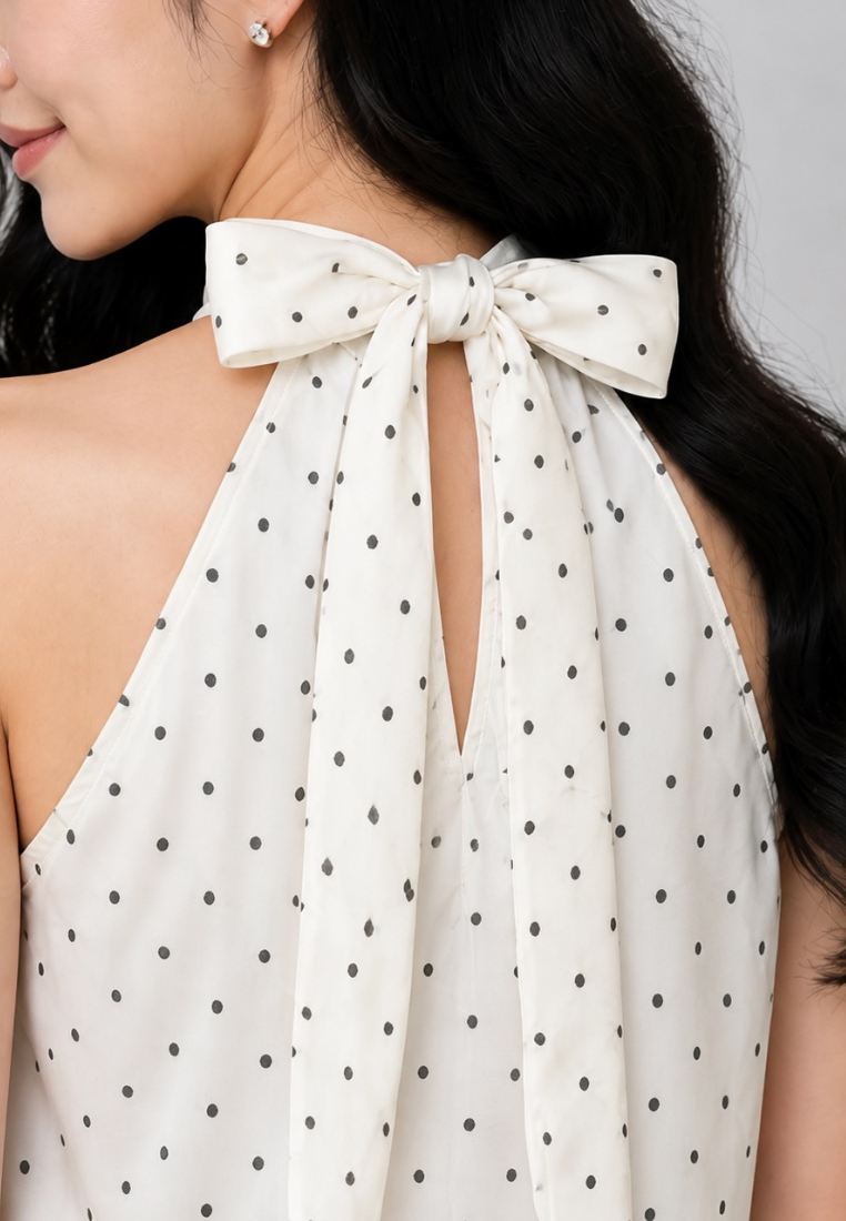Yumi Satin Polka Dot Halter-Neck With Self Tie Ribbon Top (White)