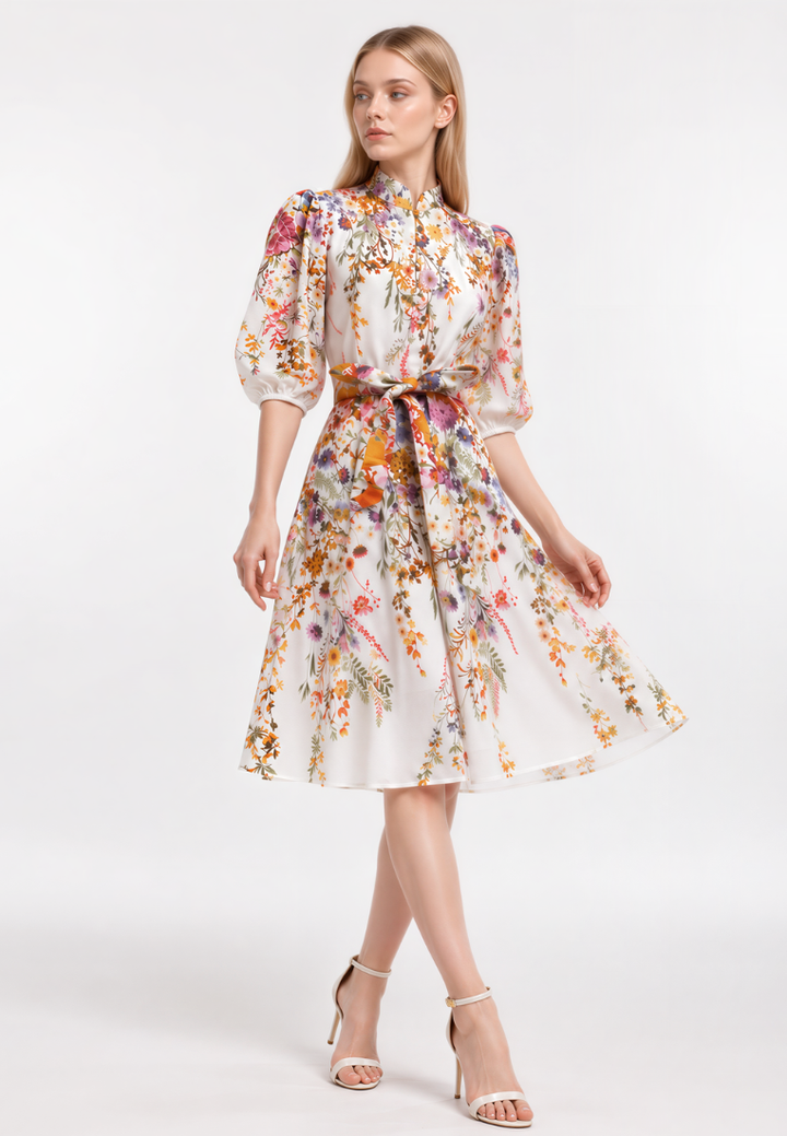 Nicole Floral Prints Mandarin Collar Puff Sleeve Belted Midi Dress (White)