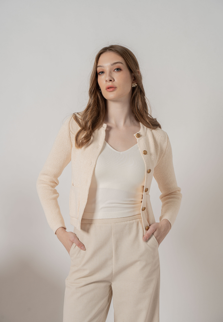 Noemi Gold Buttons Embelished Knitted Cardigan (Cream White)