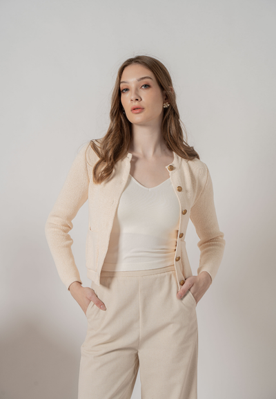 Noemi Gold Buttons Embelished Knitted Cardigan (Cream White)