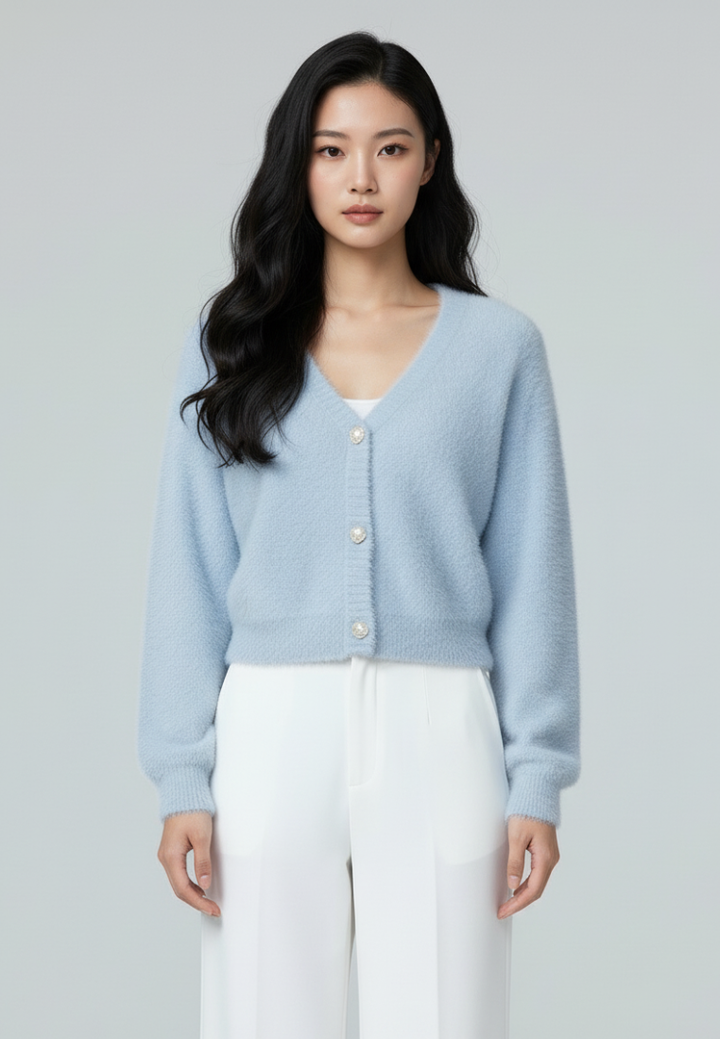 Delora Fuzzy Cardigan With Heart Pearl Buttons (Blue)