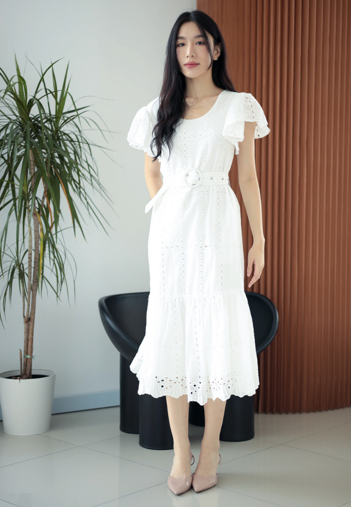 Brigida Ruffles Eyelet Dress With Buckle Belt (White)