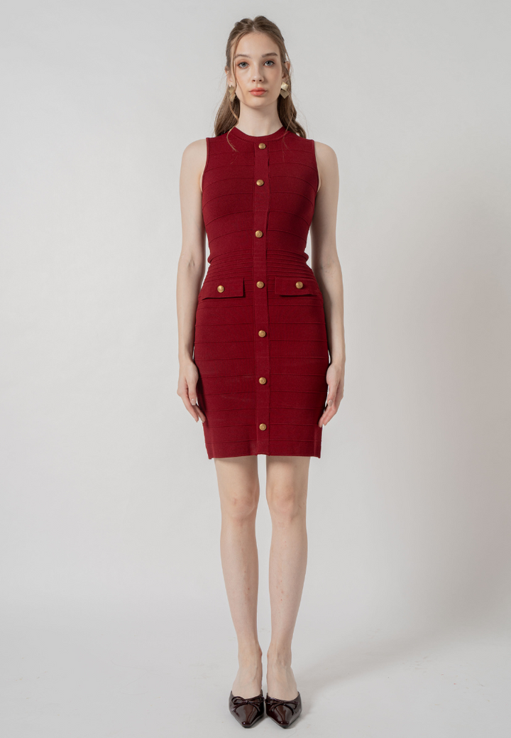 Solene Gold Buttons Emeblished Knitted Dress (Wine Red)