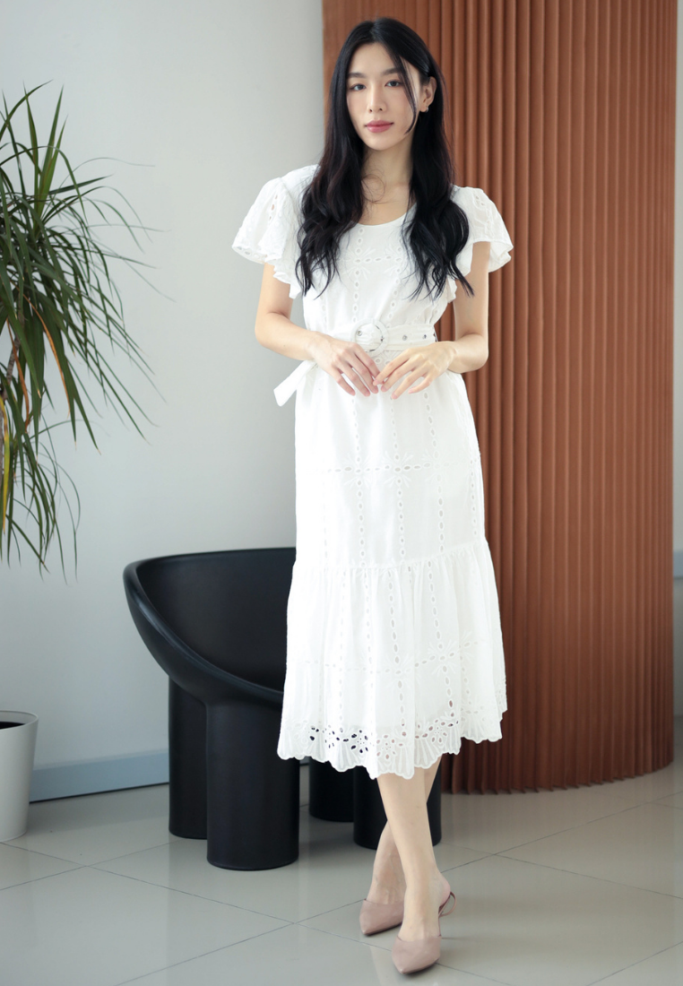 Brigida Ruffles Eyelet Dress With Buckle Belt (White)