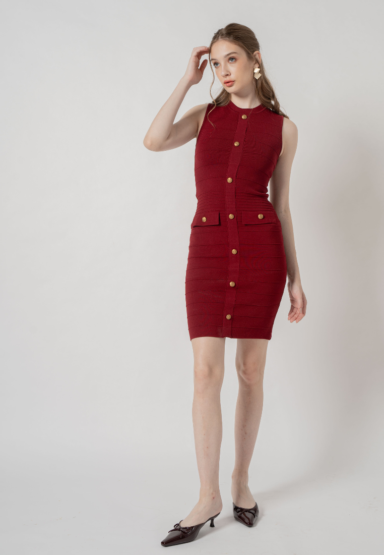 Solene Gold Buttons Emeblished Knitted Dress (Wine Red)