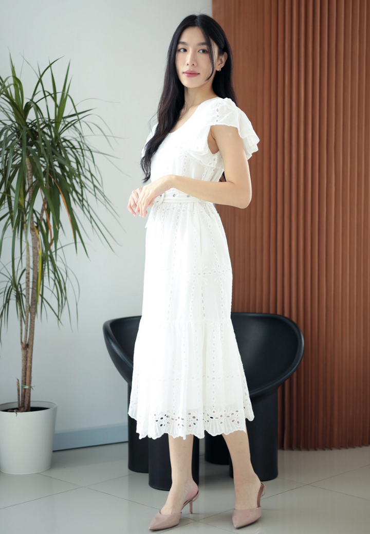 Brigida Ruffles Eyelet Dress With Buckle Belt (White)