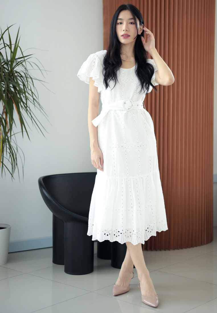 Brigida Ruffles Eyelet Dress With Buckle Belt (White)