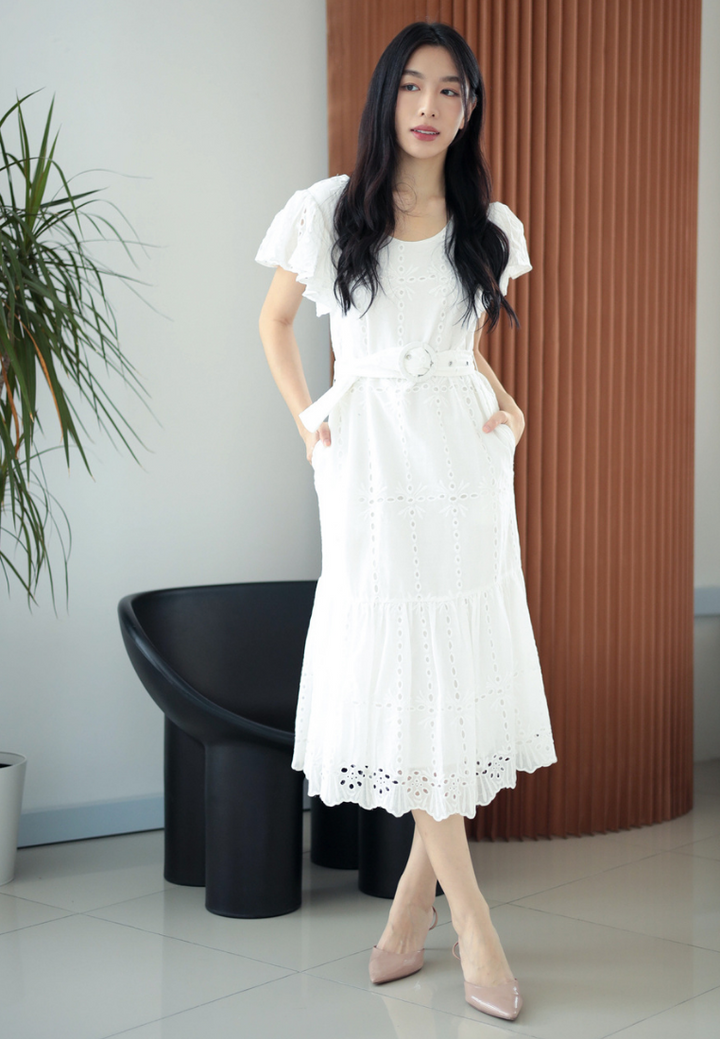 Brigida Ruffles Eyelet Dress With Buckle Belt (White)