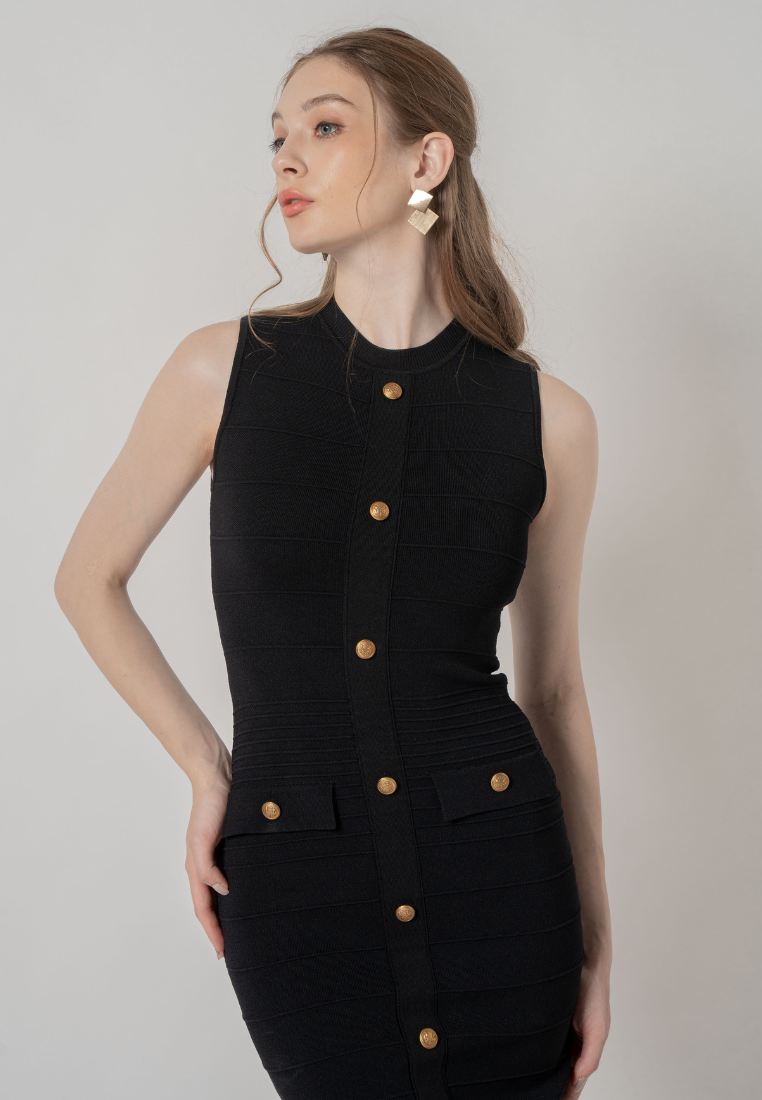 Solene Gold Buttons Emeblished Knitted Dress (Black)