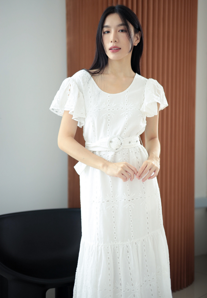 Brigida Ruffles Eyelet Dress With Buckle Belt (White)