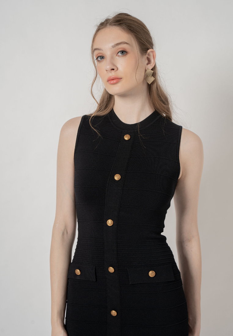 Solene Gold Buttons Emeblished Knitted Dress (Black)