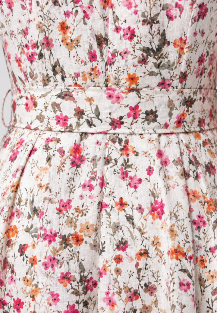 Marguerite Floral Mandarin Collar With Tie Waist Midi Dress (Beige)
