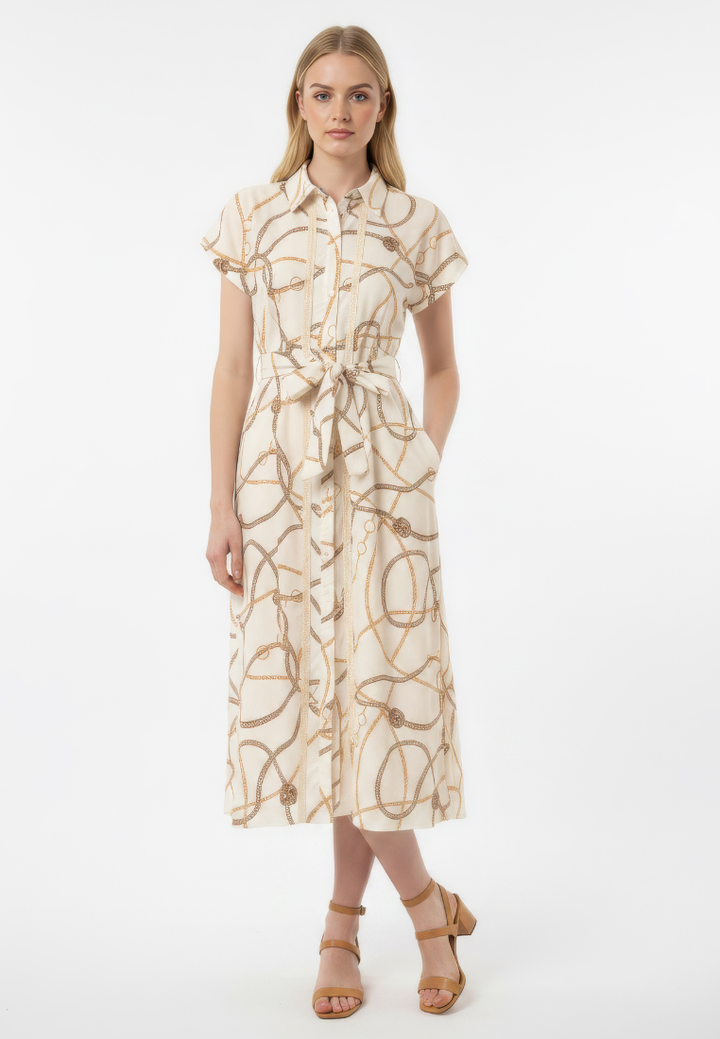 Evelyne Bridle Print Tie Waist Button Down Midi Dress (Beige)