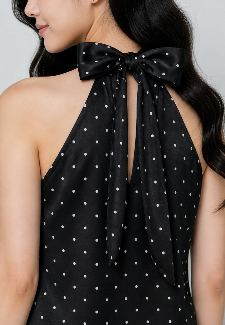 Yumi Satin Polka Dot Halter-Neck With Self Tie Ribbon Top (Black)